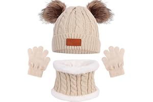 Jiusely Kids Winter Hat Scarf Gloves Set, 3 in1 Winter Accessories Sets, Thermals Pom Pom Bobble Hat Fluffy Neck Warmer and Gloves for Girls Boys Children Age 1-5