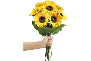 Woltoy 9 Pcs Artificial Sunflowers, Long Stem Fake Sunflowers Artificial Flowers, Silk Sunflower for Home Wedding Party Home Office Decoration