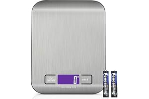 YYQ Bilancia da Cucina Digitale 5Kg/1g Alta Precisione Multifunzione Bilancia Elettronica, Funzione Tara, Misurazione dei Liquidi, Display LCD, Acciaio Inossidabile (2 batterie incluse)
