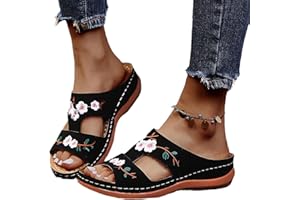 MIYYO Damen Orthopädische Sandalen Vintage Blumenstickerei Schlappen 2023 Sommer Peep Toe Hausschuhe Keil PU-Leder Pantoffeln Gummi Plateau Pantoffeln Freizeit Strandschuhe