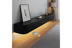 HYANXUE Soporte flotante para TV, estantes de TV montados en la pared con puerta, consola multimedia de TV, armario flotante para TV, banco de TV de gran almacenamiento debajo de la TV (negro + LED