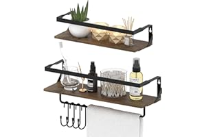 HORLIMER Estanteria Pared de Ducha con Barra de Toallas, 2 Pack, Estante Flotante con 4 Ganchos de Madera Maciza, Baldas a Medida para Cocina, Baño, Salon, Entrada y Oficina