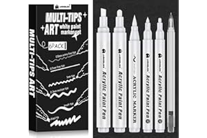 AUROBLISS Lot de 6 stylos blancs opaques avec pinceau, pointe biseautée, pointe biseautée/moyenne/fine pour écriture sur papier noir, dessin