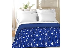 LARA MORADA Trapuntino Copriletto Primaverile-Estivo Stampato/Tinta Unita Moon Double-Face 100% Made in Italy in Morbida Microfibra Blu Singolo 1P