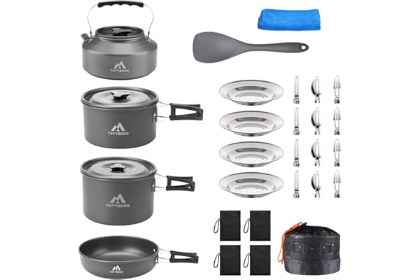 THTYBROS 27-delar Campingkök och Ätställ för 2-4 Personer, Bärbart Köksset med Kanna, Kastruller & Stekpannor, Rostfritt Stålbestick, Tallrikar, Disk för Backpacking, Picknick, Äventyr i Det Fri