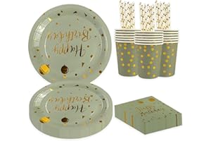 BOKFJBP 80 Stück Geburtstag Party Geschirr Set, Salbeigrün Gold Ballon Kinder Wiederverwendbar Liefert Papier Teller Servietten Tassen Strohhalme für Babydusche Hochzeit Deko Junge Mädchen dient 16