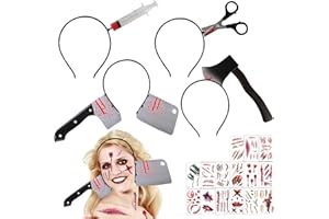 AUNGKWANG Halloween Horror Haarreif Set, 5 Stück Halloween Messer im Kopf, Halloween Zombie Scars Tattoo, Horror Accessoires für Halloween Karneval Kostüm Party