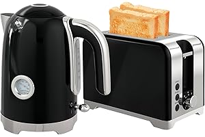 HOMCOM Kettle and Toaster Set with Temperature Gauge, 1.7L 3000W Rapid Boil Jug Kettle with Otter Thermostat, Limescale Filter, 2 Slice Toaster with 7 Browning Controls, Crumb Tray, Black