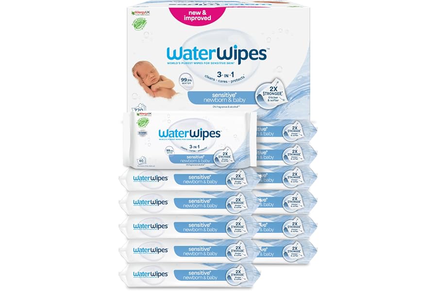 WaterWipes Original Baby Wipes, 720 Stück (12 Packungen), 99,9 % Wasser, 3-in-1-Reinigung, Pflege, Schutz, parfümfrei, Verpackung kann variieren