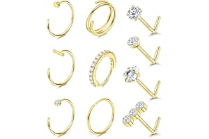Adramata 10 Piezas 20G Anillos Nariz de Acero Inoxidable, 14k Oro Nostril Piercing, CZ Corazón Anillos de Nariz Aro para Mujeres Hombres, Tragus Cartílago Helix Pendientes Nariz Piercing Joyas