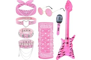 Saier tbo 8Pcs Heavy Metal Rocker Costume Set, Punk Gothic Fancy Dress Accessories with Inflatable Guitar Microphone Bracelets Collar Glasses Bandana Mask for Women Men Adult Cospay Party