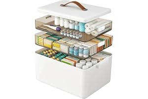 GROWNEER 3 Ebenen Medikamentenbox Organizer mit Tragegriff, Hausapotheke Medizinbox aus Kunststoff Großer Erste Hilfe Kasten, Arzneikasten zur Aufbewahrung von Medikamenten Weiß 34x22x25cm