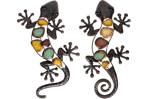 Liffy Métal Salamandre Murale Décorations Mural Art Suspendues Sculptures, Grand Lézard Murales Décoratives pour Maison, Jardin, Cour, Clôture, Lot de 2 (Marron)