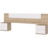 Habitdesign Headboard + Two Bedside Tables, Headboard and Tables, Alaya Model, Finished in Artik White and Canadian Oak, Meas