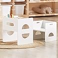 FUNLIO Height Adjustable Montessori Table and Chair Set for Age 1-3, Easy to Assemble, Solid Wood Toddler Table and Chair Set, Weaning Baby Table Chair Set for Reading/Eating/Playing - White