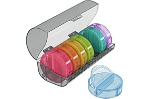 WELLGRO Pastillero redondo para 7 días – Pastillero multicolor 2 compartimentos por día – Tapa abatible con cierre a presión – Plástico libre de BPA – Color a elegir – Color: negro
