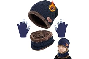 CheChury Enfants Bonnet Tricoté Écharpe Gants d'hiver Tour De Cou avec Double Polaire Chaud Écharpe et Chapeau pour Garçons et Filles, 3 Pièces