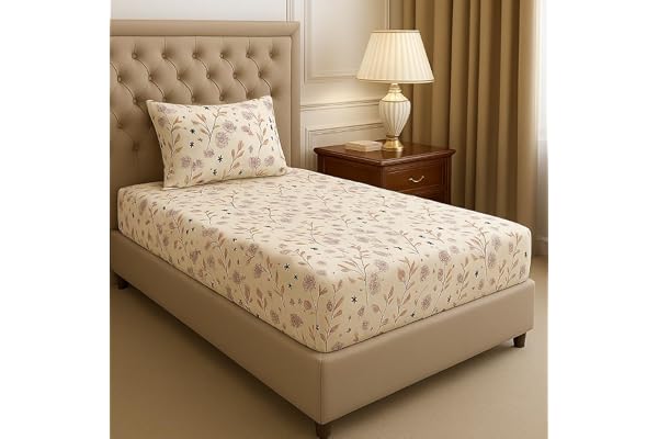BSB HOME Premium Cotton Elastic Fitted Bedsheets with 1 Pillow Covers Leaf Printed Single Bed Elastic 220 TC Supersoft Breathable & Wrinklefree for 72x36+6 Inches, Almonds and Green