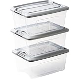 Amazon Basics Set of 3 Stackable Storage Boxes, New Top Box-NTB-15, Clear, 15 L, 39.5 x 29 x 18.6 cm, Grey / 15 Litre