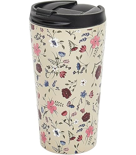 ECO CHIC Herbruikbare Thermische Koffiemok - Roestvrij Staal - 330 Ml - Lekvrij - Bloemen Print Beige