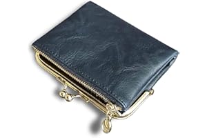 AOXONEL Womens Wallet Small RFID Ladies Compact Bifold Leather Vintage Coin Purse with Zipper and Kiss Lock (Blue)
