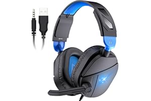 Xuevcn Gaming Headset for PC, Gaming Headphones 2m Wired Over Ear Headphones with Noise Canceling Mic, PS4 PS5 Headsets with Soft Earmuffs, Stereo, RGB Light, 3.5mm Audio Jack for Mac Laptop, Blue