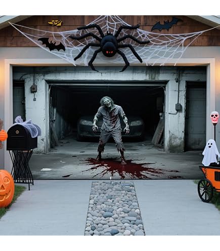 Halloween Garagentor Banner – 2,1x4,8 M, Polyester, Mit Killer-/Zombie-Motiv, Inkl. Bänder & Haken, Für Outdoor-Deko