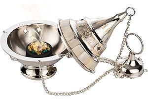 ‎MAMEMI WEIHRAUCHSCHWENKER Set Konstantinopel mit Perlmutt [12 x 9 cm, Kette 25 cm] inkl WEIHRAUCH und Kohle – RÄUCHERGEFÄSS aus Messing vernickelt – MaMeMi Collection