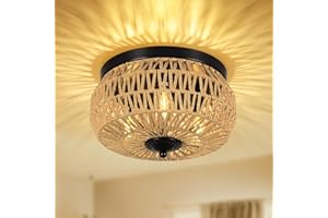 Rayofly Lámpara de Techo Colgante de Ratán, Lámpara de Techo Boho con Pantalla de Ratán, Lámpara de Techo Vintage de Bambú, Lámpara Colgante Rústica Negra para Salón Dormitorio Cocina Pasillo