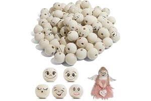 BENYONG 100 Stück Holzperlen mit Gesicht 20mm (5 Designs à 20 Stück) - Bemalte Holzkugeln mit Gesicht für Sorgenwürmchen & Glückswürmchen - Holzköpfe mit Gesicht zum Basteln