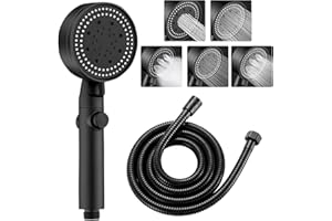 KLGFI Wassersparender Duschkopf mit Schlauch, 1.5M Schlauch für Duschkopf mit Wasserstop Schwarz, 5 Modi Sparduschkopf Schwarz, 9 cm Durchmesser Hochdruck Duschkopf, Handbrause für Badezimmer