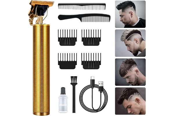 URAQT Tondeuse Cheveux Hommes, Tondeuse Barbe Kit Homme Electriques, Sans Fil Tondeuse à Cheveux Rasoir Barbe Tondeuse Kit, Rechargeable, Silencieuse pour salon de coiffure et la Famille (Or)