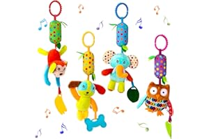 WISPLYE Juguete Cochecito para Bebés 0-6 Meses, Suaves Peluche de Animal con Sonajeros y Mordedores, Colgados de Cunas Asientos de Coche, Regalos para Recién Nacido (4Piezas)