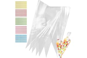 SAIZONE 50pcs Sachets Cône Transparent avec Liens Torsadés, Emballage pour Fête, Party, Birthday, 13 x 25cm