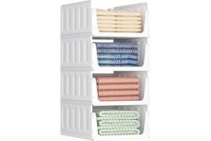 Lifewit Organizador de Armario Apilable 4 Pack, Cajas de Almacenaje Extensibles para Ropa, Camisetas y Pantalones, Cajones de Plastico para Separadores Closet de Baño, Cocina y Camping, Blanco
