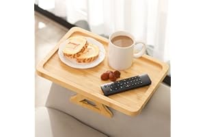 GEHE Bamboo Couch Arm Table, Stable Sofa Arm Tray for Wide Couches Arm, Foldable Sofa Armrest Tray for Food/Drinks/Snacks/Phone/Remote Control, Sofa Armrest Clip Table for Small Spaces