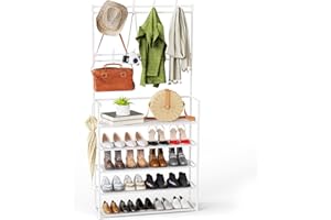 Tienily Coat Rack Stand, Metal Shoes Rack, 5 Tiers Shelf 8 Hooks Multifunctional Hallway Organizer Clothes Umbrella Hanger, White