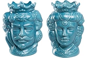 Morgan Coppia Teste di Moro Re e Regina Caltagirone, Stile Ceramiche Siciliane, Vaso in Ceramica Azzurro 12x18 cm