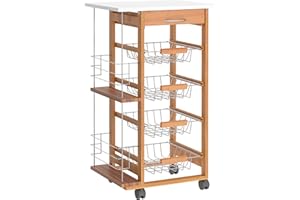 HOMCOM Carrito de Cocina con Ruedas Carro Multiusos con Cajón 4 Cestas Extraíbles de Metal y Bastidores Laterales 47x37x83 cm Madera Natural