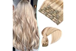 ‎VINBAO VINBAO Clip in Extensions Echthaar Dreckiges Blond Highlight Bleichblond Haar Extensions Clip Extension Echthaar Blond Doppelt Tressen Salon Qualität 22 Zoll 6Stück 120g (#18P613,55cm)
