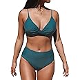 CUPSHE Women's Twist Front High Waisted Bikini Set V Neck Padded Two Pieces Bathing Suits Swimsuits