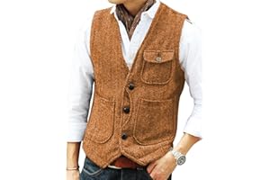 Solovedress Mens Vintage Wool 3 Real Pockets Suit Vest V Neck Tweed Waistcoat for Wedding Groomsmen