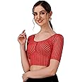 Fressia Fabrics Round Neck Cotton Lycra Stretchable Elbow Sleeve Readymade Saree Blouse for Women Stylish