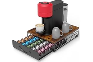 HFHOME Multifunctional Metal Nespresso Vertuo Pod Holder for 60-30 Vertuo Capsules & 40 Dolce Gusto Pods,Vertuo Pods Storage Drawer with Wood Top Shelf,Coffee Capsule Holder for Counter