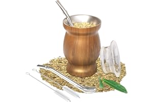 BERUTH Tasse Yerba Maté en Acier Inoxydable avec Couvercle, Double paroi isolée Mate de calebasse, Comprend 2 Bombillas et 2 Brosse de Nettoyage(Marron, 8 OZ)