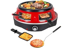 ‎TODECO Todeco 3-in-1 Elektrischer Pizzaofen mit 6 Pizzaschaufeln, 6 Käsepfanne, Grillplatte, 1200 Watt, Pizzabackofen für 6 Personen, für Mini-Pizza in Ø 10cm, Grillen und Pfannkuchen, Rot