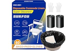 SURFOU Commode Liners with Absorbent Pad 60 Packs, Bedside Commode Disposable Bags, Toilet Bag, Potty Liners, Fits Most Camping Toilet/Portable Toilet/Portable Potty(60 Bags + 60 Sets of Gloves)