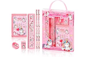 GLADFRESIT Incantevole set di cancelleria a forma di unicorno con borsa, 2 matite, righello, gomma e temperamatite, ideale per bambini di tutti i generi
