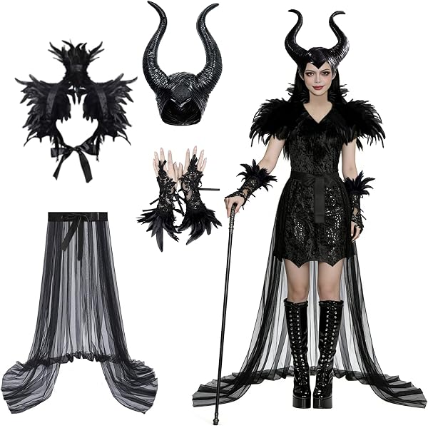 Set Accessori Halloween Regina Cattiva - Copricapo Con Corno, Scialle E Polsini In Piume, Nero - 4