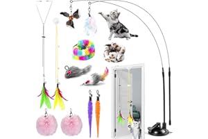 BAISHUWU Juguetes Pluma con Ventosa para Gatos, 12pcs Pesca para Gatos con Plumas, Varita para Gato con Campana y Ventosa, Juguete Colgante para Gato, para Gat-os Pequeños y Grandes, Elimina el Aburrimiento